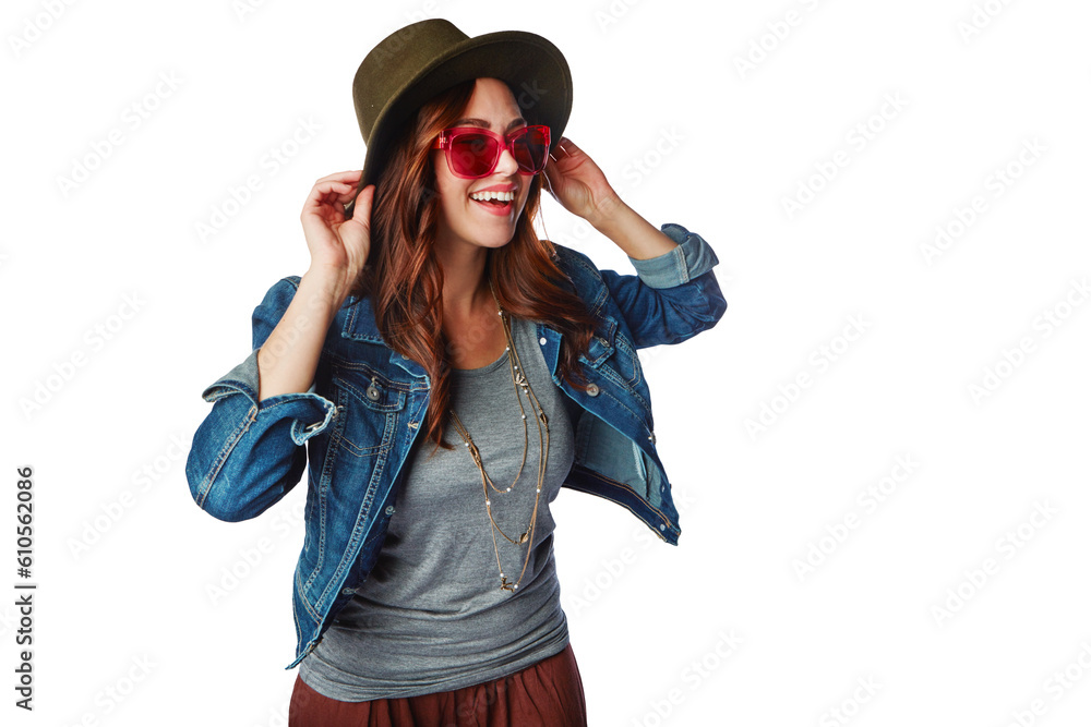 Fashion, hipster and cool with woman on transparent background for trendy, vintage and retro. Happy, funky and pride with female person and sunglasses on png for gen z, edgy and confidence Fashion, hipster and cool with woman on transparent background for trendy, vintage and retro. Happy, funky and pride with female person and sunglasses on png for gen z, edgy and confidence