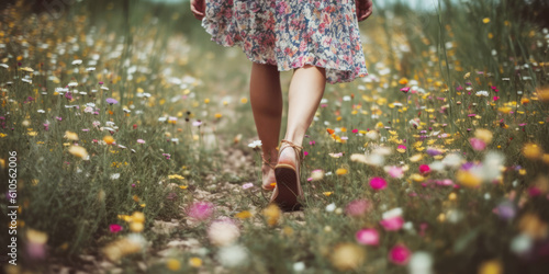  Woman walking barefoot outdoors in nature, grounding concept.