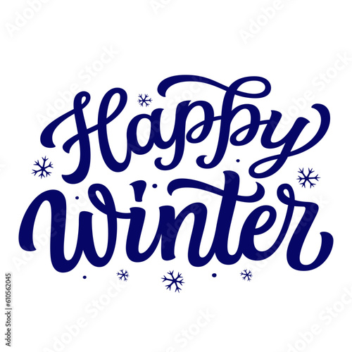 Happy winter. Hand lettering blue text with snowflakes isolated on white background. Vector typography for cards, banners, posters, home decor, mugs, clothes