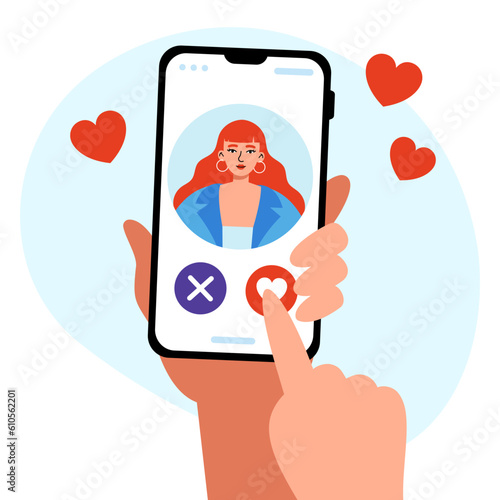 Dating app concept. A human hand holding a smartphone and choosing whether to like or dislike this girl. Flat vector illustration.