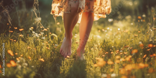  Woman walking barefoot outdoors in nature, grounding concept.