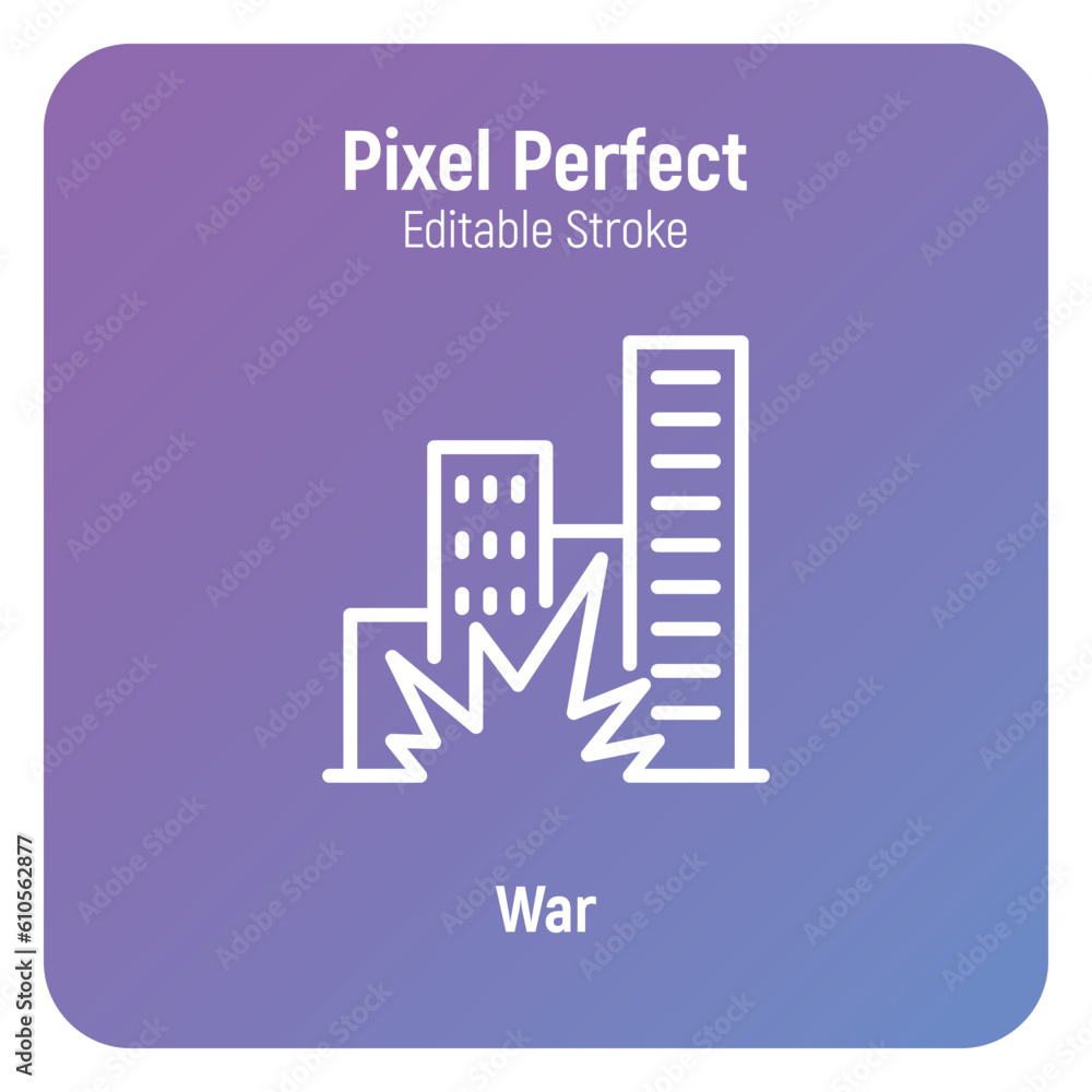 War, house explosion thin line icon. Ruined city. Editable stroke. Vector illustration. War, house explosion thin line icon. Ruined city. Editable stroke. Vector illustration.
