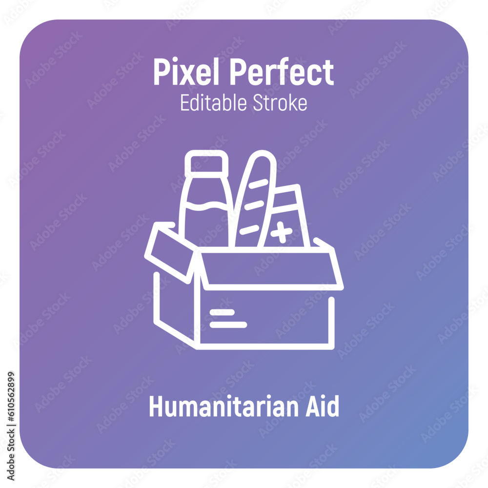Humanitarian aid thin line icon, food drive, food box. Editable stroke. Modern vector illustration of charity. Humanitarian aid thin line icon, food drive, food box. Editable stroke. Modern vector illustration of charity.
