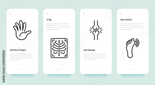 Arthritis thin line icons set: joint damage, gout arthritis, x/ray. Vector illustration, editable stroke.