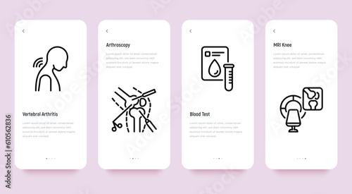 Arthritis thin line icons set: neck pain, arthroscopy, blood test, MRI knee. Vector illustration, editable stroke.