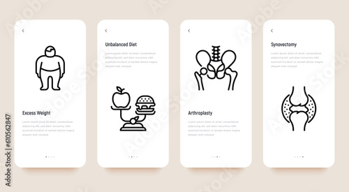 Arthritis thin line icons set: excess weight, unbalanced diet, arthroplasty, synovectomy. Vector illustration, editable stroke.