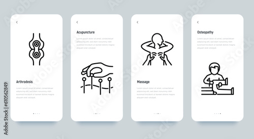 Arthritis thin line icons set: acupuncture, massage, Arthrodesis, osteopathy. Vector illustration, editable stroke.