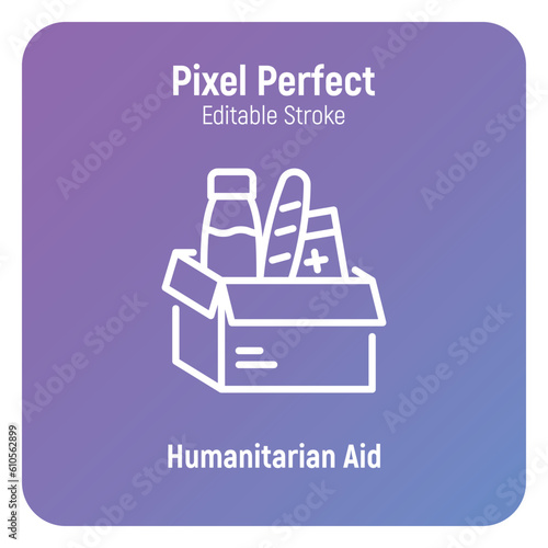 Humanitarian aid thin line icon, food drive, food box. Editable stroke. Modern vector illustration of charity.