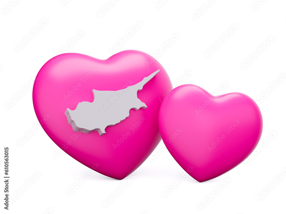 3d Shiny Pink Hearts With 3d White Map Of Cyprus Isolated On White Background, 3d illustration 3d Shiny Pink Hearts With 3d White Map Of Cyprus Isolated On White Background, 3d illustration