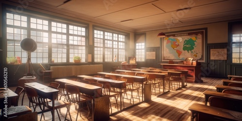 Empty Classroom with Desks and Chairs Background, Education and Back to School Concept. Generative Ai © CYBERUSS