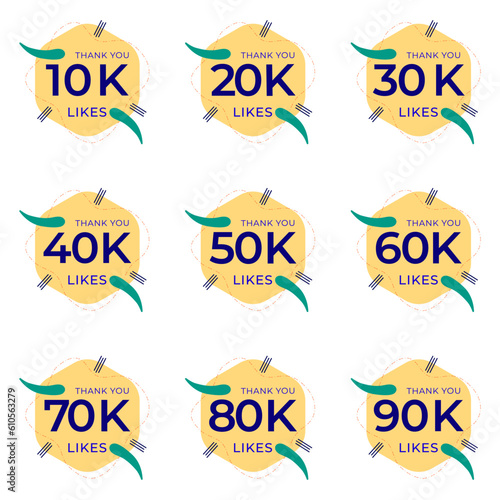 ILLUSTRATION SET 10K TO 90K LIKES BADGE SOCIAL MEDIA TEMPLATE DESIGN ICON VECTOR. GOOD FOR BANNER,COVER, WEBSITE