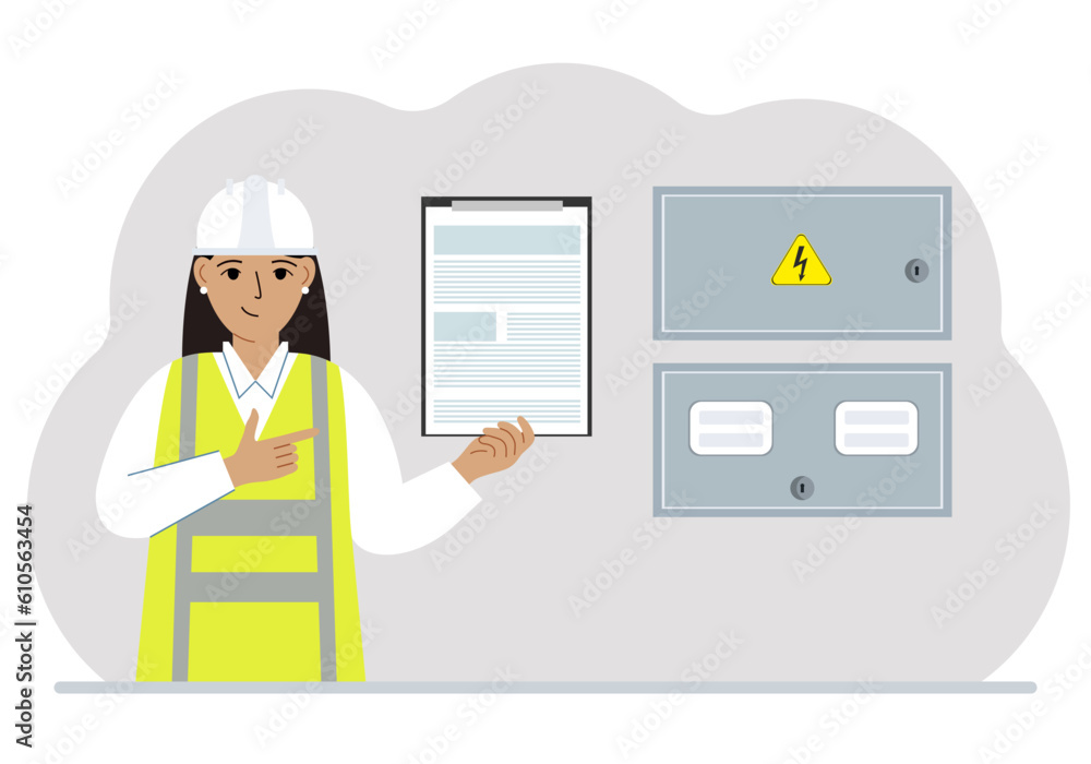 A female electrical engineer holds a clipboard with a contract and stands next to an electrical cabinet. The concept of a contract for service, connection of electricity or hiring a specialist. A female electrical engineer holds a clipboard with a contract and stands next to an electrical cabinet. The concept of a contract for service, connection of electricity or hiring a specialist.