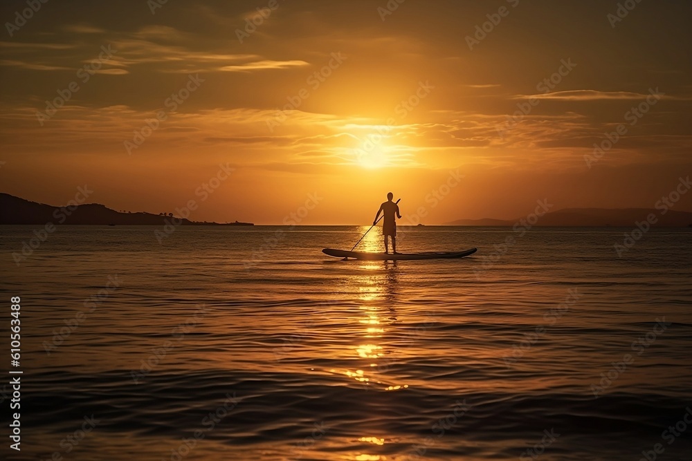 Male or man stands up paddle SUP board on a flat quiet river during sunrise or sunset. Stand up paddle boarding - active recreation in nature, relaxing on the ocean. Generative AI Technology