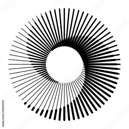 Radial lines with different thicknesses in a circle. Rotating lines in spiral form. Vector monochrome illustration. Starburst round Logo. Spiral vector design element. Sunburst.