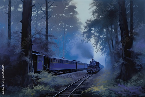 Beautiful and elegant vintage train traveling through a forest in purple and bronze tones. Generative AI