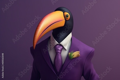 Cartoon of a beautiful toucan wearing an elegant suit with a tie in purple tones. Generative AI