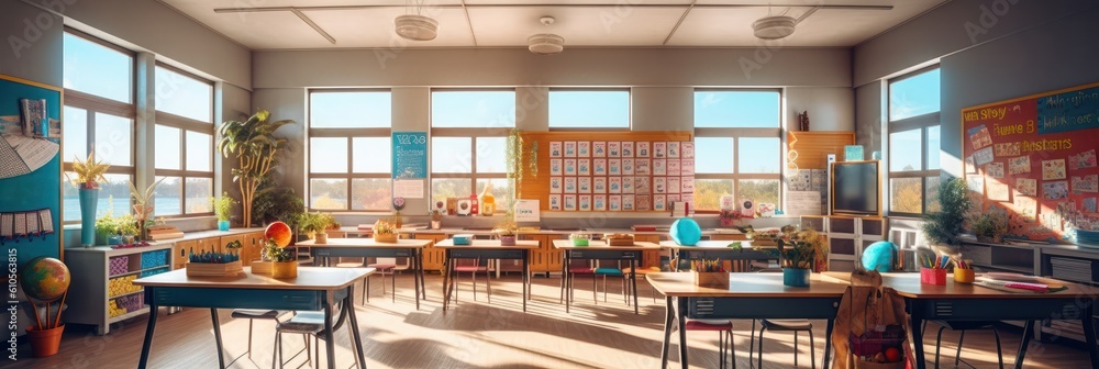 Empty Classroom with Desks and Chairs Background, Education and Back to School Concept. Generative Ai Empty Classroom with Desks and Chairs Background, Education and Back to School Concept. Generative Ai