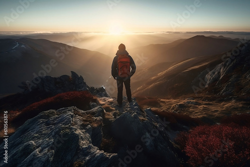 Brave male hiker traveler man stands at the summit of a mountain chase looking at a beautiful stunning amazing view of the ocean sunrise or sunset. Freedom and travel concept. Generative AI Technology