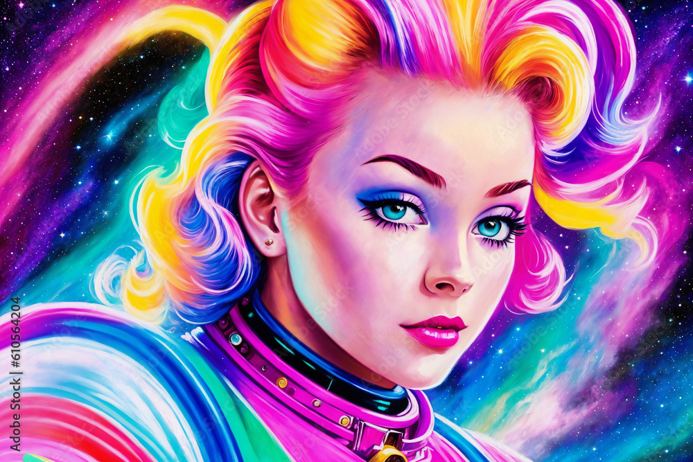 Portrait of a beautiful woman as an astronaut, space theme in the retro futurism style of the 60s. Generative AI. Portrait of a beautiful woman as an astronaut, space theme in the retro futurism style of the 60s. Generative AI.