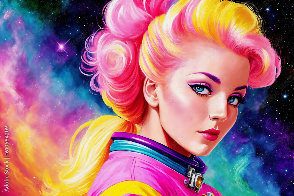 Portrait of a beautiful woman as an astronaut, space theme in the retro futurism style of the 60s. Generative AI.