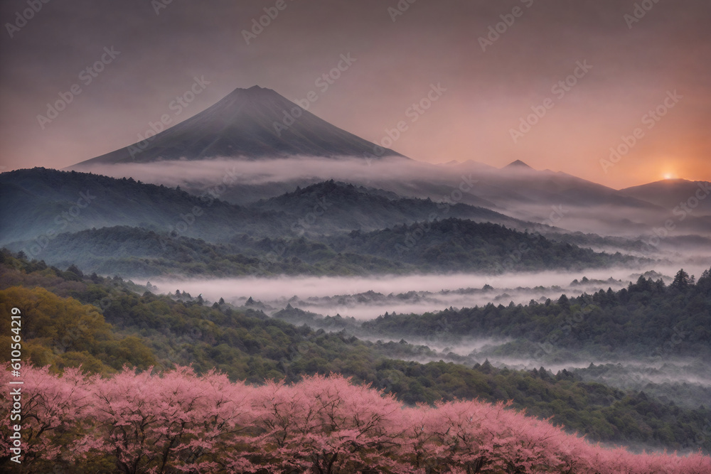 Cherry blossoms, a beautiful landscape with a view of the mountain and a misty forest. Generative AI.