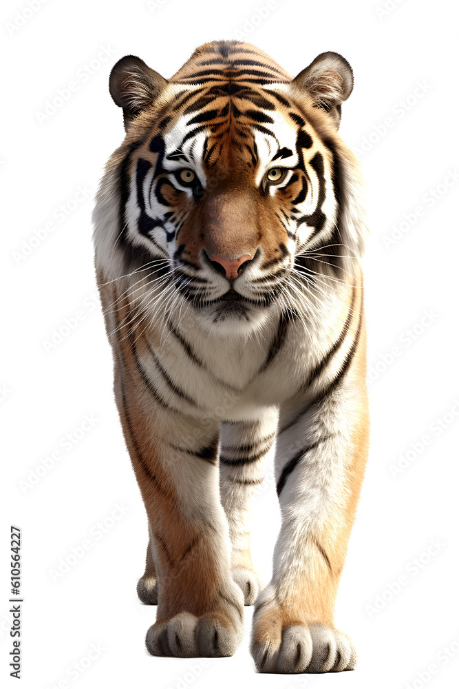 Fototapeta premium an isolated bengal tiger front view, walking towards, stalking prey, fierce jungle-themed photographic illustration on a transparent background in PNG, Generative AI