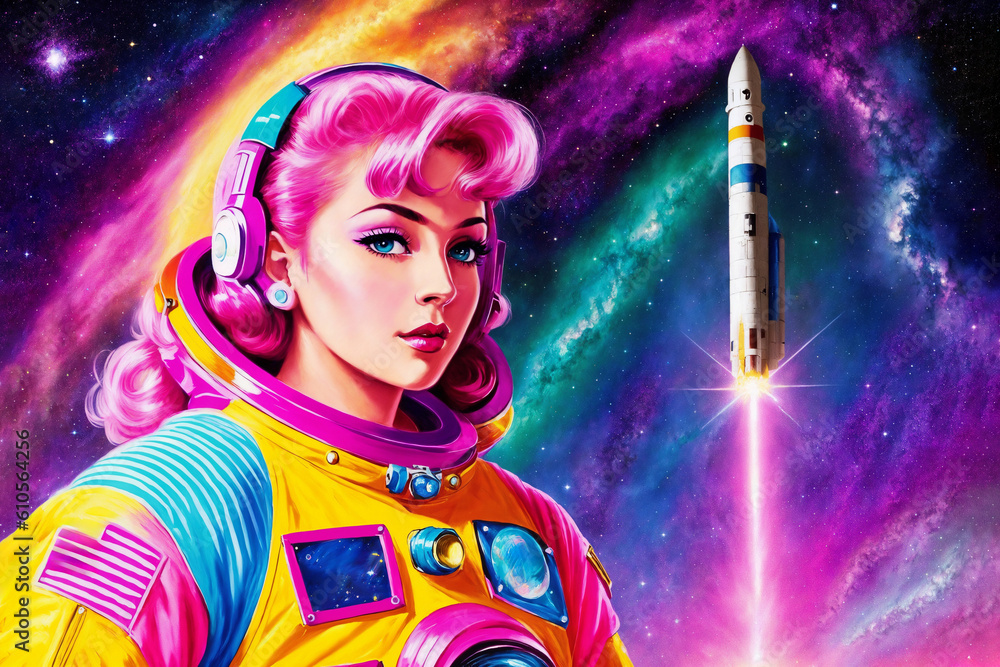 Portrait of a beautiful woman as an astronaut, space theme in the retro futurism style of the 60s. Generative AI. Portrait of a beautiful woman as an astronaut, space theme in the retro futurism style of the 60s. Generative AI.