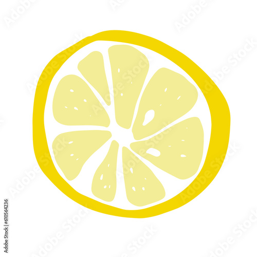 Cartoon yellow slice lemon. Hand-drawn citrus isolated on white background. Delicious fruit is a symbol of summer, wholesome nutrition, natural food. Ingredient for lemonade juice. Vector illustration