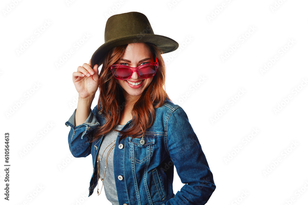 Fashion, hipster and smile with portrait of woman on transparent background for trendy, vintage or retro. Happy, funky and pride with female person and sunglasses on png for gen z, edgy or confidence Fashion, hipster and smile with portrait of woman on transparent background for trendy, vintage or retro. Happy, funky and pride with female person and sunglasses on png for gen z, edgy or confidence