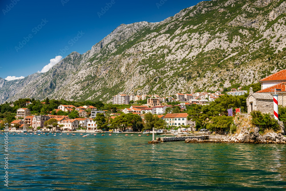 Coastline of the Bay of Kotor in Montenegro, accompanied by small houses
