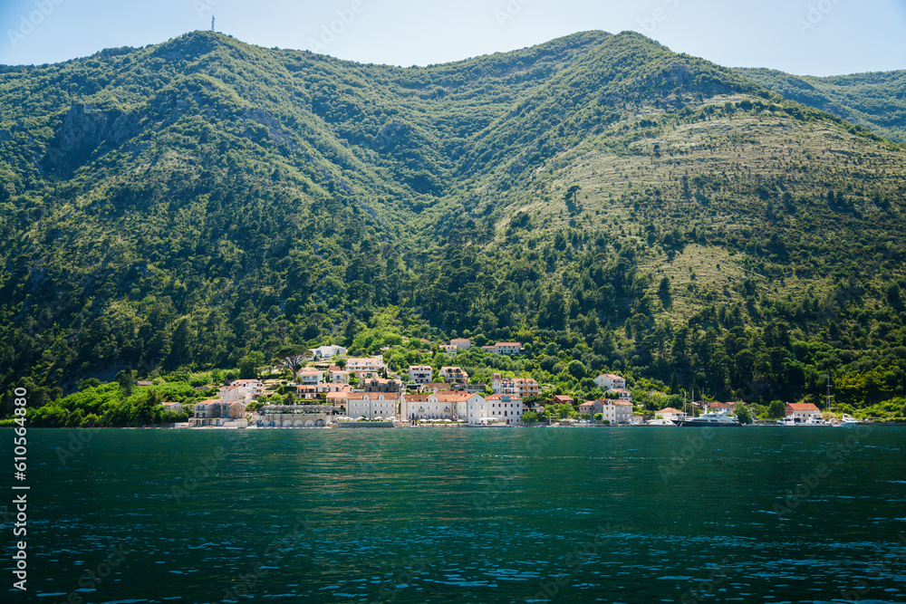 View of the small village on the Montenegrin coastline in the Bay of Kotor