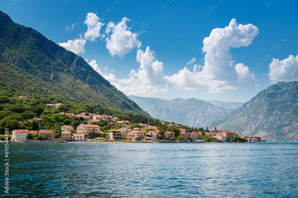 ?oastal landscape of the Bay of Kotor in Montenegro, adorned with cute houses
