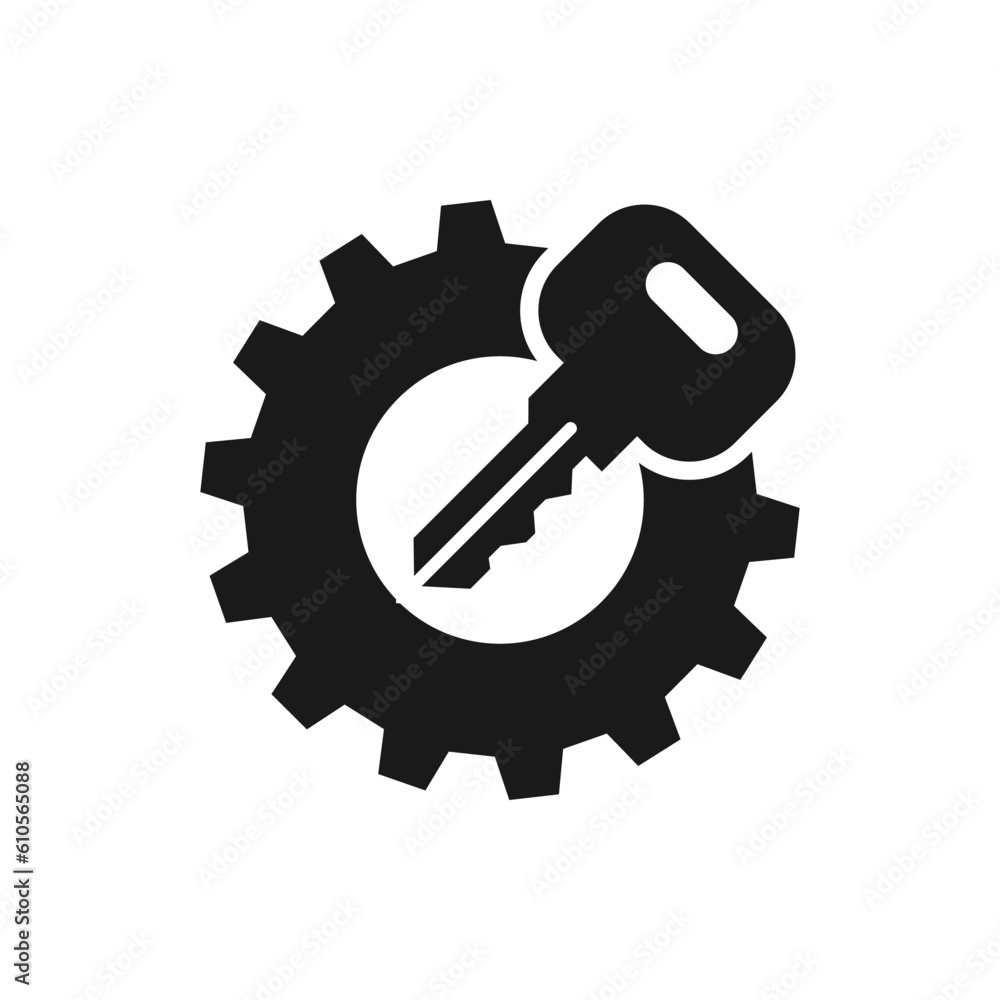 Key and gear. Unlock machine icon flat style isolated on white background. Vector illustration Key and gear. Unlock machine icon flat style isolated on white background. Vector illustration