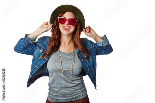 Woman, portrait and fashion sunglasses with hat and denim jacket isolated on a transparent png background. Portrait of happy female person, gen z or stylish model in cool hipster or casual clothing
