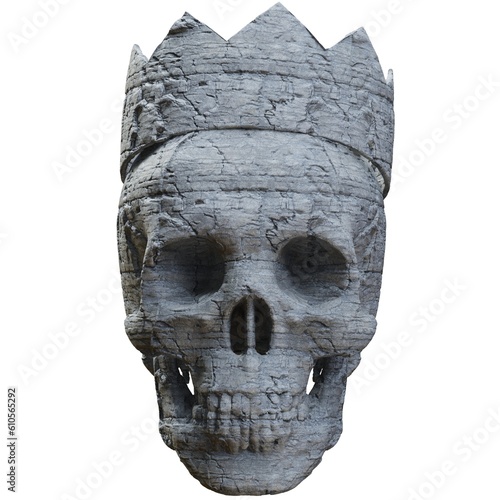 3d llustration of Skull in Crown Made of Stone Isolated on White Background