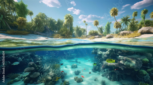 above water and underwater world. Above the water is a beautiful tropical island with large palm trees, under the water is a hyper-detailed tide and a coral reef.Generative AI © Margo_Alexa