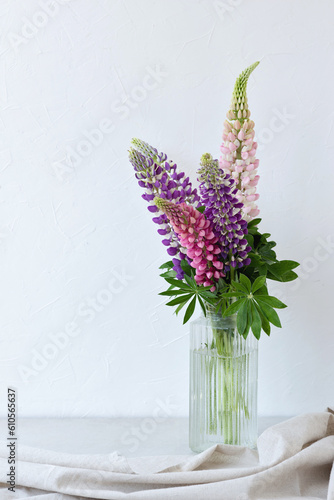 Fototapeta Naklejka Na Ścianę i Meble -  Festive summer bouquet of violet and pink bluebonnet flowers in vase on neutral white background, aesthetic interior floral still life with lupine
