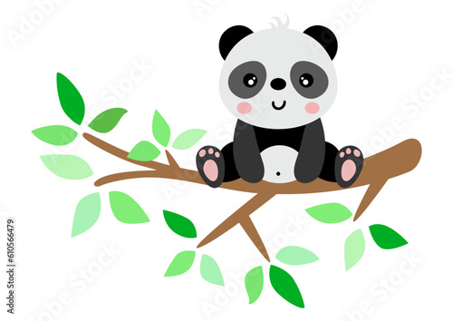 Fototapeta Naklejka Na Ścianę i Meble -  Funny panda on branch of tree with green leaves