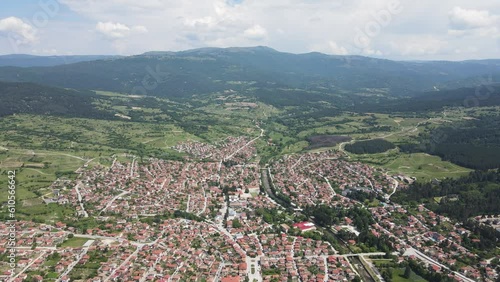 Aerial Spring view of historical town of Strelcha, Pazardzhik Region, Bulgaria photo