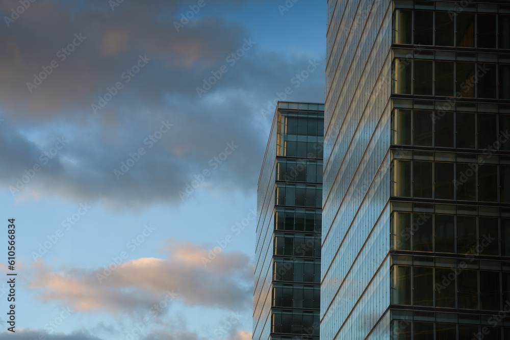Modern office building in Luxembourg, next to Conference Center, sunset landscape. Travel to Luxembourg, 2023. Modern office building in Luxembourg, next to Conference Center, sunset landscape. Travel to Luxembourg, 2023.