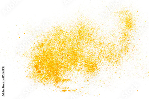 Turmeric powder pile isolated on white background  top view