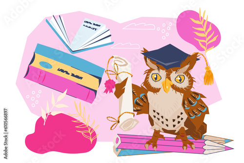 Back to school banner backdrop with wise owl funny character. Design for school and online education  diplomas  flat vector illustration isolated on white background.