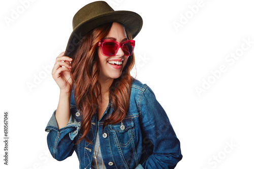 фотографія Woman with smile, gen z fashion and sunglasses, happy and excited with retro style isolated on transparent png background