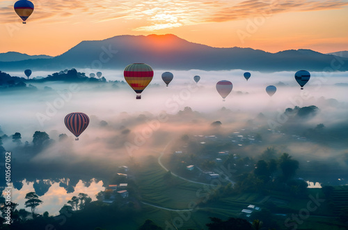 Hot air balloons fly over rural landscape with generative Ai.