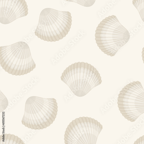 Seashells seamless pattern. Light gray background. Vector flat cartoon illustration.