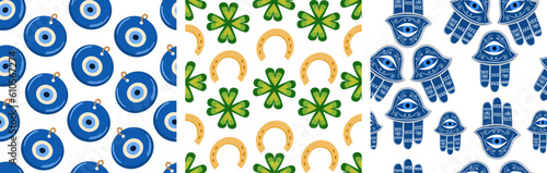 Vector illustrations seamless pattern - symbols of good luck. Nazar amulet, four-leaf clover and horseshoe, hamsa amulet. Vector illustration photo