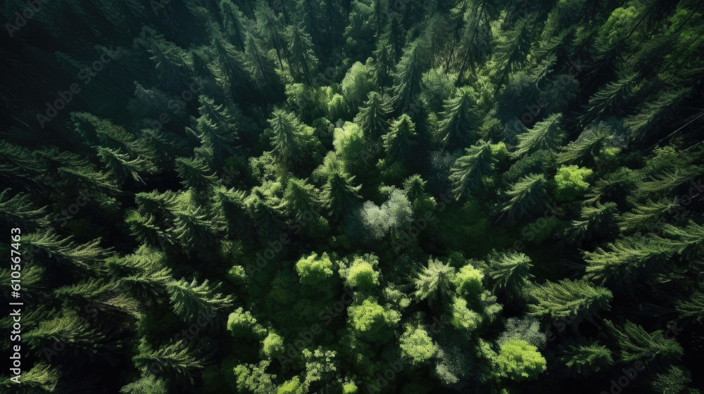 Greenery nature forest landscape from bird's eye view. Made by (AI) artificial intelligence.