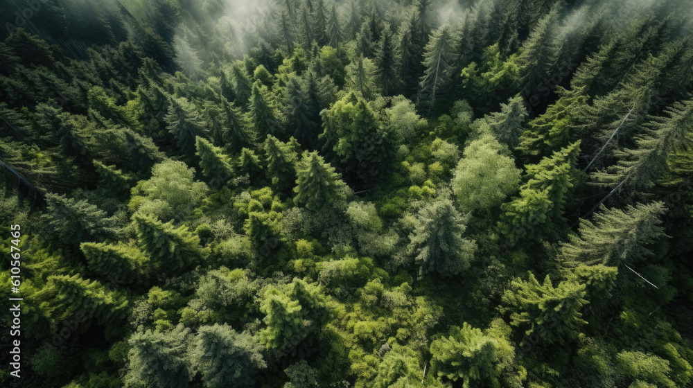 Fototapeta premium Greenery nature forest landscape from bird's eye view. Made by (AI) artificial intelligence.