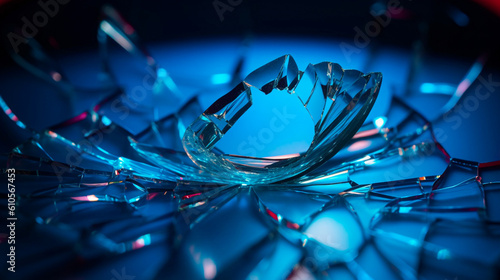 Broken glass on blue background. Broken glass with reflection. Generative AI