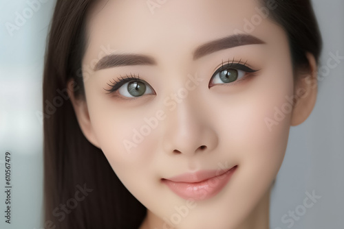 Beautiful Asian Woman, Close up on her face with Smooth skin look at the camera on a White background in Studio light. generative AI